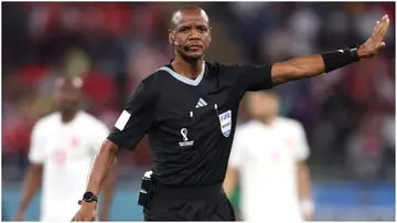 Referee Janny Sikazwe reacts during the FIFA World Cup Qatar 2022 Group F match between Belgium and Canada. Photo by Julian Finney.