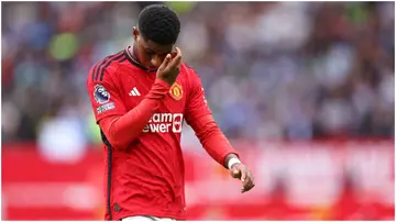 A dejected Marcus Rashford at full time during the Premier League match between Manchester United and Brighton at Old Trafford. Photo by Robbie Jay Barratt.