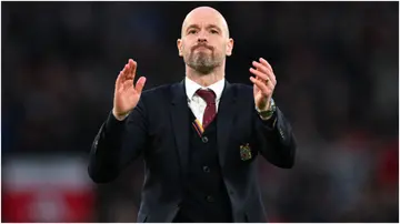 Erik ten Hag looks on after the Emirates FA Cup Quarter Final between Manchester United and Liverpool FC at Old Trafford. Photo by Michael Regan.
