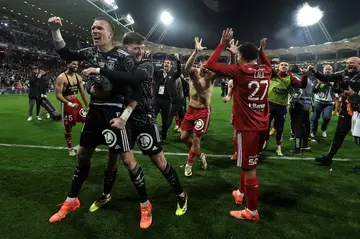 Brest players celebrate after beating Toulouse to qualify for next season's Champions League
