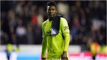 Andre Onana looks on after the Emirates FA Cup Third Round match at the DW Stadium. Photo by Martin Rickett.