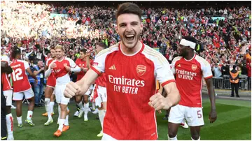 Declan Rice celebrates after The FA Community Shield match between Manchester City against Arsenal at Wembley Stadium. Photo by Stuart MacFarlane.