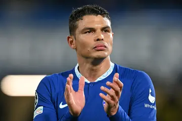 Chelsea defender Thiago Silva applauds fans following his side's defeat to Real Madrid in the Champions League quarter-finals