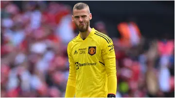 David De Gea looks dejected during the Emirates FA Cup final match between Manchester City and Manchester United at Wembley Stadium in 2023. Photo by Will Palmer.