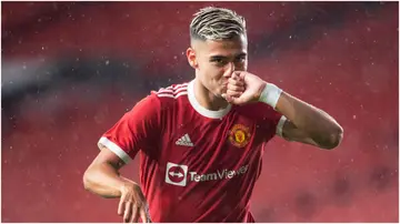 Andreas Pereira celebrates after scoring during the pre-season friendly match between Manchester United and Brentford at Old Trafford in 2021. Photo by Visionhaus.