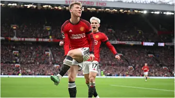 Rasmus Hojlund celebrates with Alejandro Garnacho during the Premier League match between Manchester United and West Ham United at Old Trafford. Photo by Michael Regan.