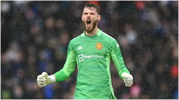 David De Gea celebrates during the Premier League match between Leeds United and Manchester United at Elland Road/ Photo by Shaun Botterill.