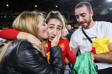 Spain's defender Olga Carmona celebrates her team's Women's World Cup victory over England on Sunday in Sydney