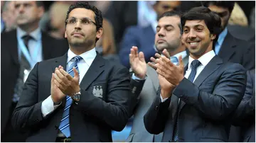 Manchester City owner Sheikh Mansour with chairman Khaldoon Al Mubarak during a Premier League match. Photo by Martin Rickett.