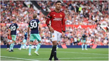 Casemiro looks dejected during the Premier League match between Manchester United and Brentford FC at Old Trafford. Photo by Simon Stacpoole.