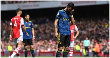 Bruno Fernandes reacts to missing a penalty during the Premier League match between Arsenal and Manchester United at Emirates Stadium. Photo by Manchester United.