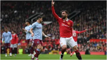 Bruno Fernandes reacts during the Premier League match between Manchester United and Aston Villa at Old Trafford. Photo by Shaun Botterill.