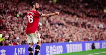 Bruno Fernandes of Manchester United in action during the Premier League match between Manchester United and Everton at Old Trafford on October 02, 2021 in Manchester, England. (Photo by Ash Donelon/Manchester United via Getty Images)