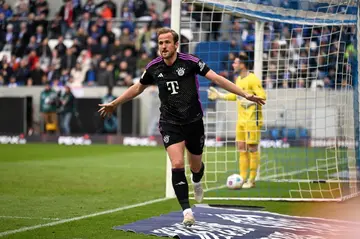 Harry Kane celebrates his goal against Darmstadt, which broke the record for the most Bundesliga goals in a debut season