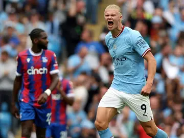 Something to shout about: Manchester City striker Erling Haaland exults in his first home goal  for Manchester City