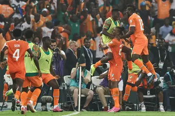 Sebastien Haller celebrates the goal that firec hosts Ivory Coast into Sunday's AFCON final