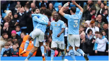 Josko Gvardiol celebrates with teammates after scoring during the Premier League match between Manchester City and Luton Town at Etihad Stadium. Photo by Matt McNulty.