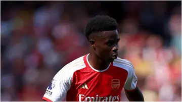 Bukayo Saka controls the ball during the Premier League match between Arsenal and Fulham at the Emirates Stadium on August 26, 2023, in London.