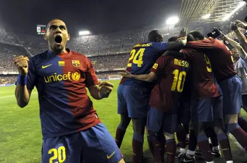 Dani Alves celebrastes as Barcelona beat Atheltic Bilbao in the 2009 Copa del Rey final  in Valencia