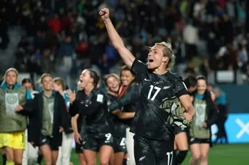 Hannah Wilkinson celebrates after her goal secured a famous win for New Zealand over Norway in the tournament's opening game