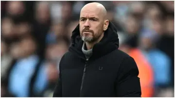 Erik ten Hag looks on during the English Premier League football match between Manchester City and Manchester United at the Etihad Stadium. Photo by Paul Ellis.