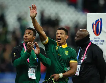 Kurt-Lee Arendse (Centre) acknowledges the crowd after the Rugby World Cup France 2023 Quarter Final match
