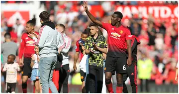 Man United's Paul Pogba gives a thumbs up after the Premier League match at Old Trafford, Manchester. Photo by Martin Rickett.