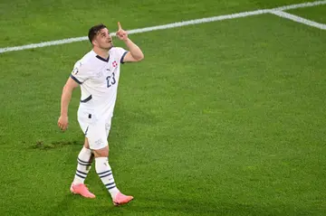 Xherdan Shaqiri celebrates scoring his final international goal, against Scotland at Euro 2024 in Cologne