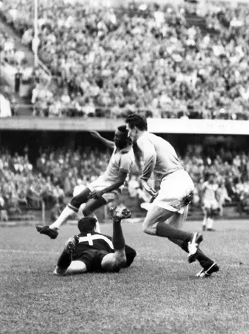 Pele was too quick for French goalkeeper Claude Abbes as he scored the first of his three semi-final goals