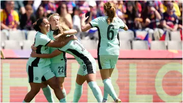 Erin Cuthbert celebrates after scoring during the UEFA Women's Champions League 2023/24 semi-final match between FC Barcelona and Chelsea. Photo by Jose Breton.