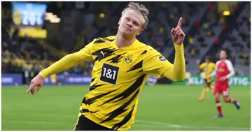 Erling Haaland celebrates after scoring his team's third goal during the Bundesliga match between Borussia Dortmund and Sport-Club Freiburg. Photo by Lars Baron.