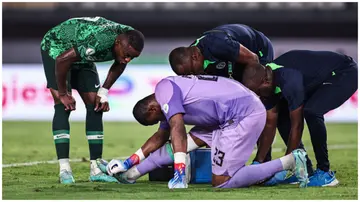 Stanley Nwabili was injured in Nigeria's 2-0 win over Cameroon in the 2023 Africa Cup of Nations round of 16. Photo: FRANCK FIFE. 