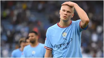 Erling Haaland looks dejected after the final whistle of The FA Community Shield between Manchester City and Leicester City at The King Power Stadium. Photo by Michael Regan.