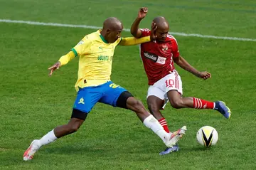 Al Ahly winger Percy Tau (R) came up against his former side Mamelodi Sundowns in Pretoria