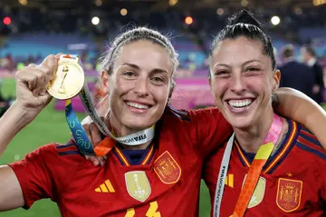 Jennifer Hermoso (right) Alexia Putellas celebrate Spain's World Cup triumph in Sydney