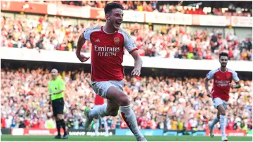 Declan Rice celebrates after scoring the team's second goal during the Premier League match between Arsenal FC and Manchester United at Emirates Stadium. Photo by Stuart MacFarlane.