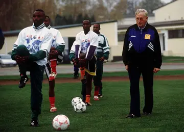 Rudi Gutendorf trains Rwanda national football team