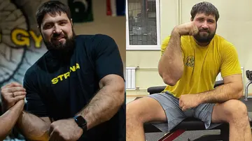 Russian arm wrestler Vitaly Laletin wearing black and yellow T-shirts.