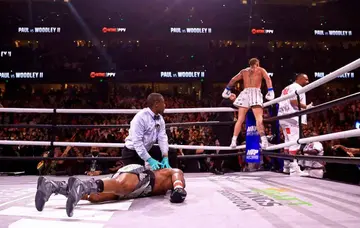 Jake Paul celebrates after knocking out Tyron Woodley in the sixth round