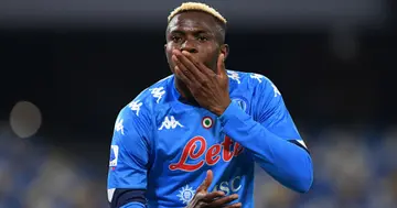 Victor Osimhen of SSC Napoli celebrates after scoring their side's second goal during the Serie A match between SSC Napoli and Bologna FC. (Photo by Francesco Pecoraro/Getty Images)