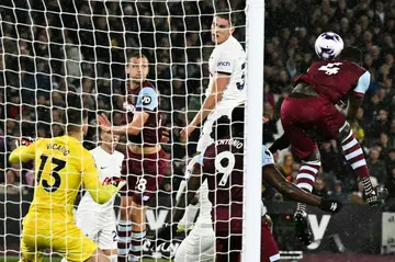 West Ham defender Kurt Zouma (R) scores the equaliser against Tottenham