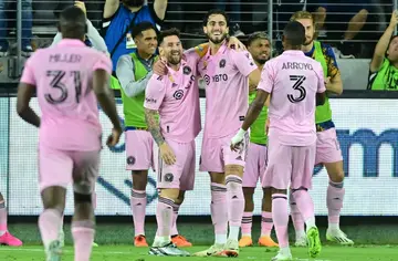 Lionel Messi celebrates after creating the third goal for Inter Miami's Ecuadorian forward Leonardo Campana in the 3-2 win at Los Angeles FC on Sunday