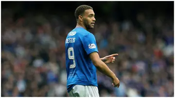 Rangers striker, Cyriel Dessers,  in action during the Cinch Scottish Premiership match against Kilmarnock at Ibrox Stadium on May 5, in Glasgow, Scotland. Photo: Ian MacNicol.