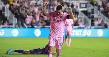 Lionel Messi celebrates during a Leagues Cup match between Charlotte FC and Inter Miami CF at DRV PNK Stadium. Photo by Hector Vivas.