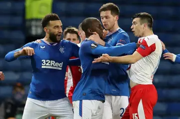 Czech defender Ondrej Kudela (R) has been recalled to the national squad for the first time since early 2021 when he was accused of aiming a racist slur at Rangers midfielder Glen Kamara (C)