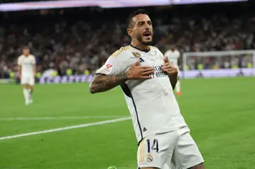 Real Madrid's Spanish forward Joselu celebrates sending his team ahead against Real Sociedad