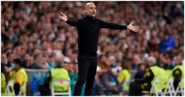 Pep Guardiola reacts during the UEFA Champions League Semi-Final Leg Two match between Real Madrid and Manchester City at Estadio Santiago Bernabeu. Photo by Jose Breton.