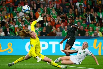 Asisat Oshoala (C) shoots for Nigeria against the Republic of Ireland during a 2023 Women's World Cup match in Brisbane