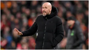 Erik ten Hag reacts during the Premier League match between Liverpool FC and Manchester United at Anfield. Photo by Andrew Powell.