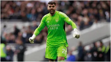 David Raya celebrates during the Premier League match between Tottenham Hotspur and Arsenal FC at Tottenham Hotspur Stadium. Photo by Marc Atkins.